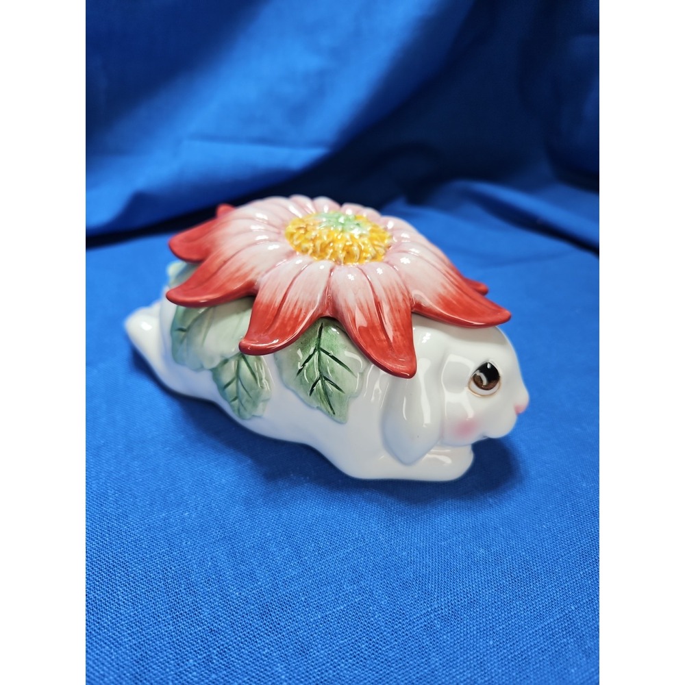 Rabbit Trinket Box Bunny Blooms Hiding Under Flower Garden Porcelain 6" Vintage